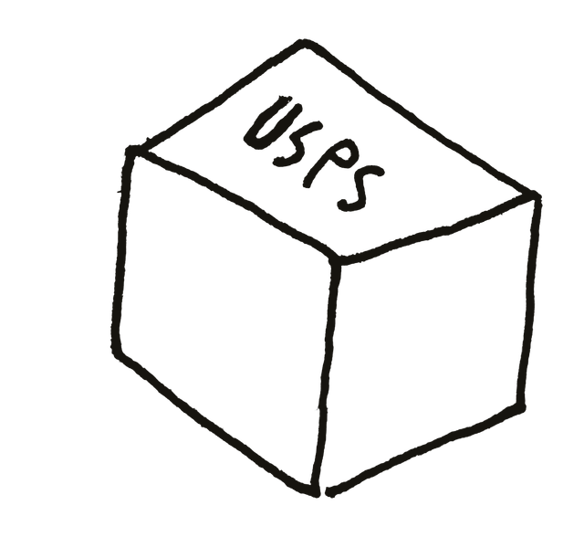 hand-drawn sketch of a usps shipping box